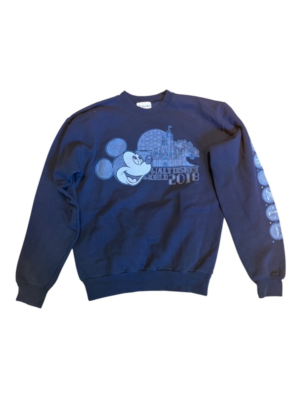 Walt Disney World 2018 Blue Sweatshirt with Park Icon Decals on Arm
